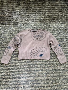 Max & Co. Blush Pink Floral Crewneck Crop Top Sweater with Navy Accents S